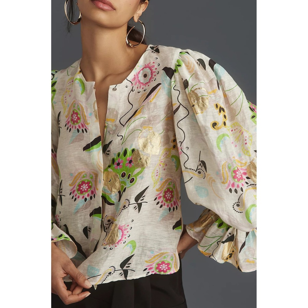 Cynthia Rowley Love Locket Linen Silk Puff Sleeve Blouse Gold Foil Ivory Small - Picture 5 of 13